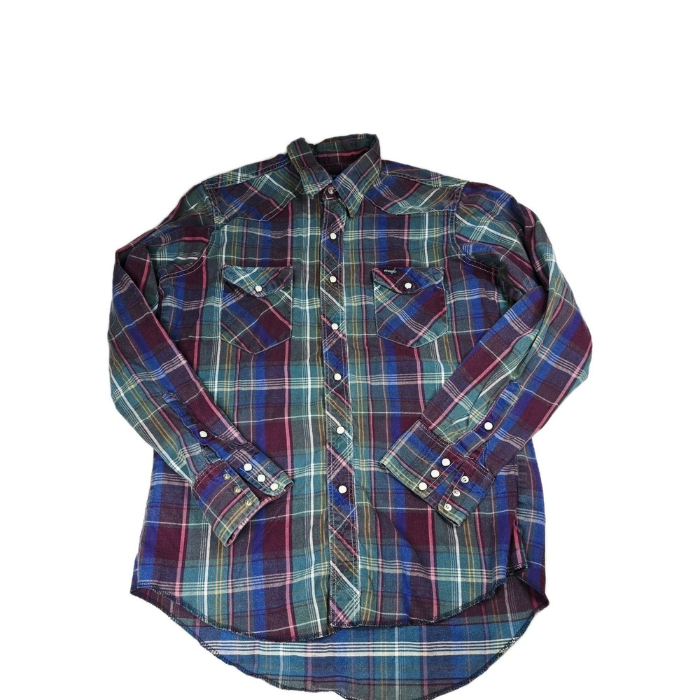 Vintage Wrangler Plaid Pearl Snap‎ Mens L Shirt Western Cowboy Rodeo X Long Tail
